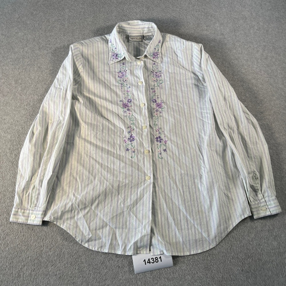 VTG Napa Valley Shirt Womens Medium Multi Floral Striped Pearl Collared Button